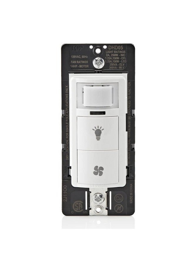 ليفيتون مستشعر رطوبة مزدوج من Leviton DHD05-1LW مع مفتاح إضاءة منفصل، مروحة شفط حمام آلية، تدوير الهواء، التحكم في الرطوبة، عمود واحد/عمود واحد، ¼ حصان، أبيض - Image 1