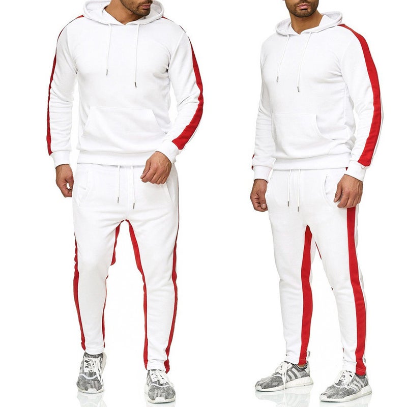 European and American fashion brand youth campus mens sweater hooded sportswear casual trendy pullover mens color matching suit White 