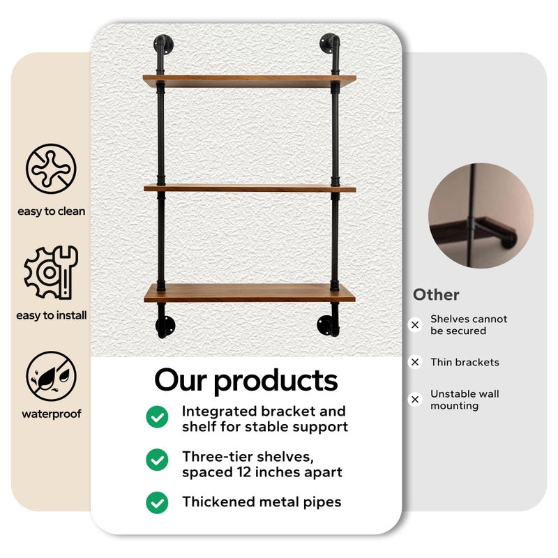 XWNE 3-Tier Industrial Pipe Floating Shelf â€“ Rustic 30 inch Wood Wall-Mounted Storage Shelf for Kitchen Office,Bathroom & Home Decor -Walnut - Image 4