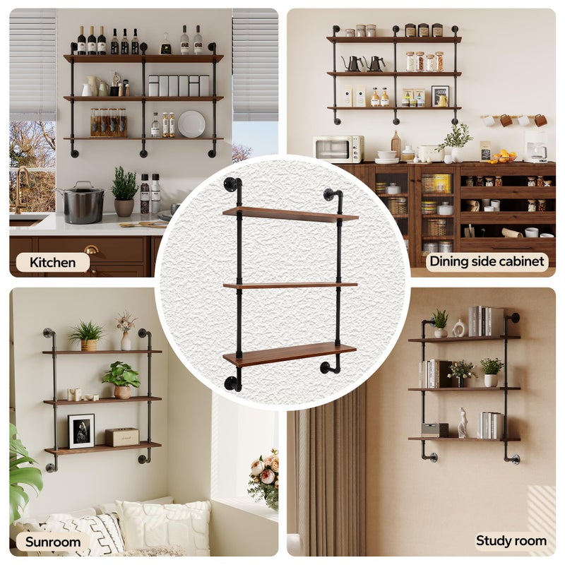 XWNE 3-Tier Industrial Pipe Floating Shelf â€“ Rustic 30 inch Wood Wall-Mounted Storage Shelf for Kitchen Office,Bathroom & Home Decor -Walnut - Image 5