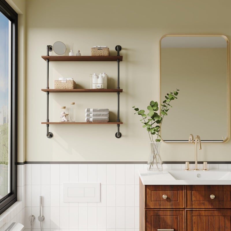 XWNE 3-Tier Industrial Pipe Floating Shelf â€“ Rustic 30 inch Wood Wall-Mounted Storage Shelf for Kitchen Office,Bathroom & Home Decor -Walnut - Image 2
