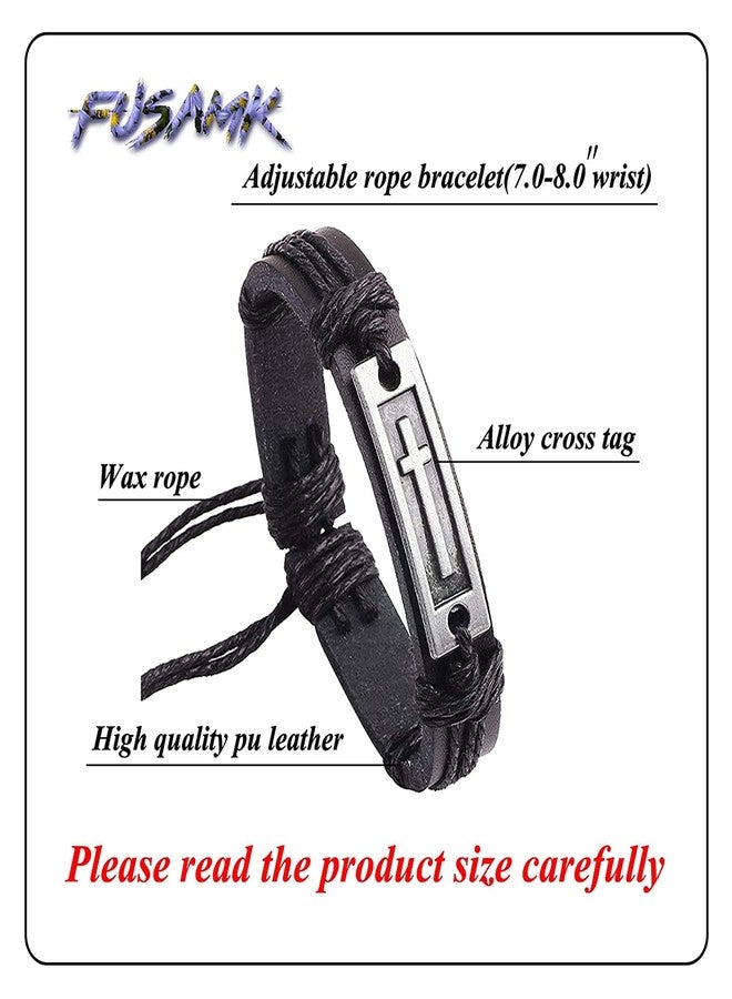Fusamk Fashion Cross Tag Bangle Adjustable Leather Cuff Wristband Drawstring Rope Bracelet(Black) - Image 2