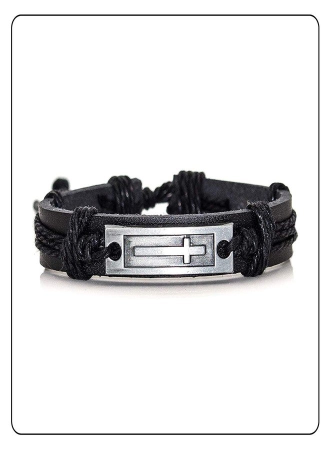 Fusamk Fashion Cross Tag Bangle Adjustable Leather Cuff Wristband Drawstring Rope Bracelet(Black) - Image 3
