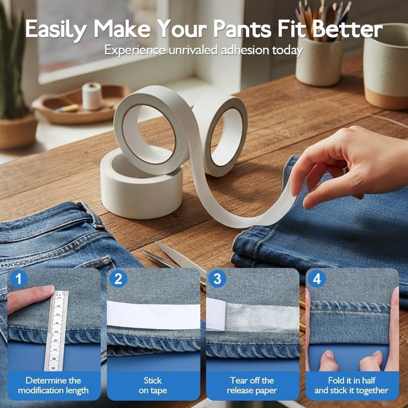 SYOSI No Sew Hemming Tape, Iron on Fabric Adhesive for Pants Curtains Jeans, Double Sided Stitch Witchery for Clothing Hem DIY, Mixed Sizes 0.4/0.8/1.2 Inch x 8.8 m (28.8 ft), 3 Rolls - Image 5