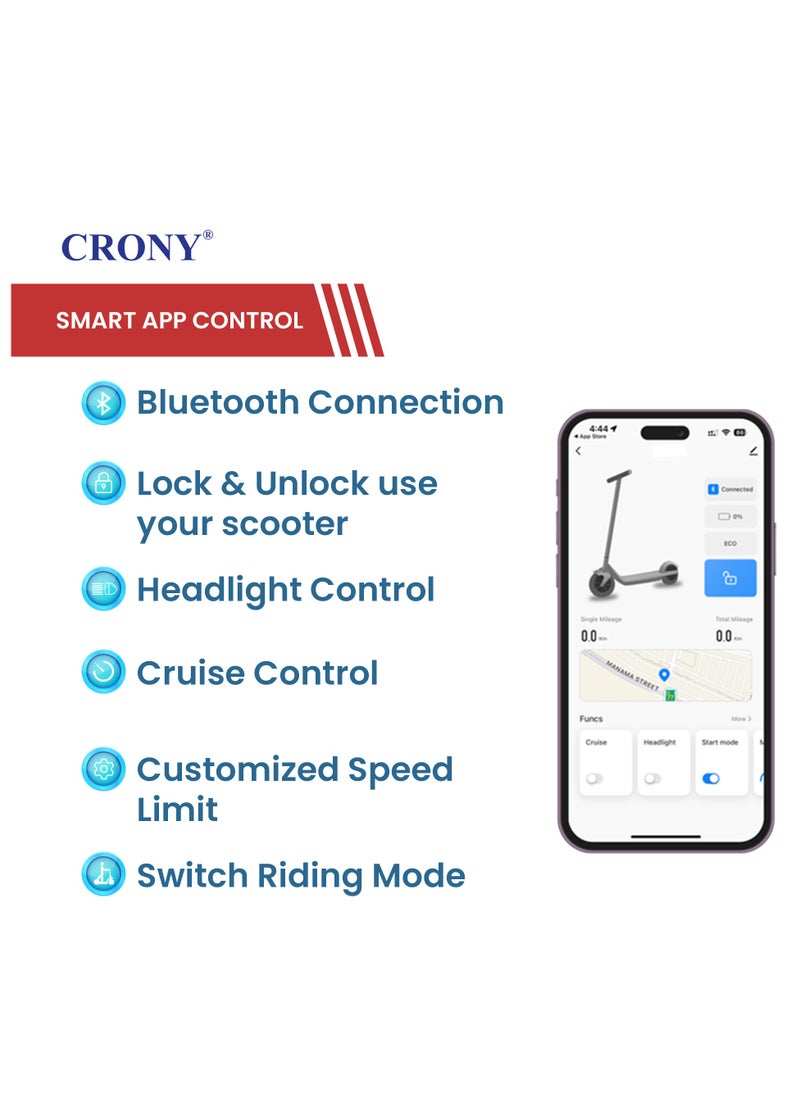 Crony - W563 Fast E-Scooter For Kids/Teens, Up To 45kilo/H, 250w Motor, 36v 7.8ah Battery, App Controlled Lightweight Foldable With Led Headlights High-Speed Electric Scooter, Anti-Slip Deep-Tread Rubber Tires, Rear Disc Brake, 100kg Max Load, Smart Scooter With App Connectivity, Portable Aluminum Frame For Adults, Heavy-Duty, Travel-Ready Design – White - Image 1