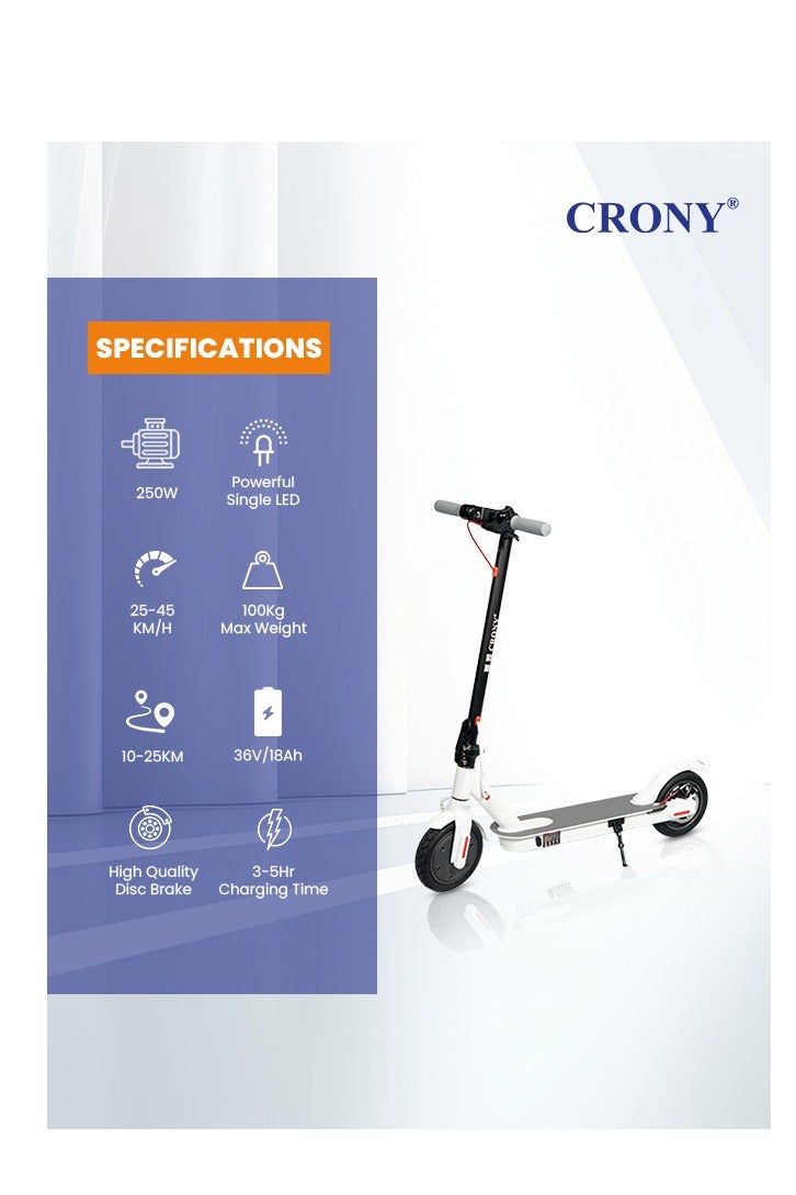 Crony M365 Fast E-Scooter For Kids/Teens, Speed 45km/H, 250w Motor, 36v 7.8ah Battery, App Controlled Lightweight Foldable With Led Headlights High-Speed Electric Scooter, Anti-Slip Deep-Tread Rubber Tires, Rear Disc Brake, 100kg Max Load, Smart Scooter With App Connectivity, Portable Aluminum Frame For Adults, Travel-Ready Design – White - Image 2