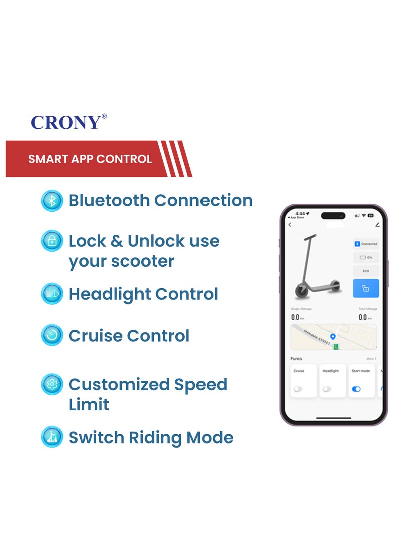 Crony M365 Fast E-Scooter For Kids/Teens, Speed 45km/H, 250w Motor, 36v 7.8ah Battery, App Controlled Lightweight Foldable With Led Headlights High-Speed Electric Scooter, Anti-Slip Deep-Tread Rubber Tires, Rear Disc Brake, 100kg Max Load, Smart Scooter With App Connectivity, Portable Aluminum Frame For Adults, Travel-Ready Design – White - Image 5