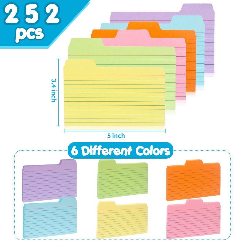 Koogel 252 PCS Tabbed Index Cards, Colorful 3 x 5 Inch Flash Card Dividers Cards Ruled Notecards with Tab for Learning Note Taking To Do List - Image 2