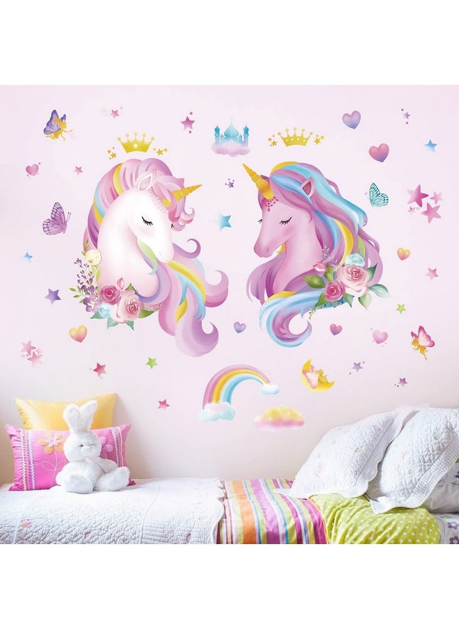 decalmile - 2 Large Size Unicorn Wall Decals Pink Rainbow Heart Wall Stickers Girls Bedroom Baby Nursery Kids Room Wall Decor Gifts For Kids - Image 1