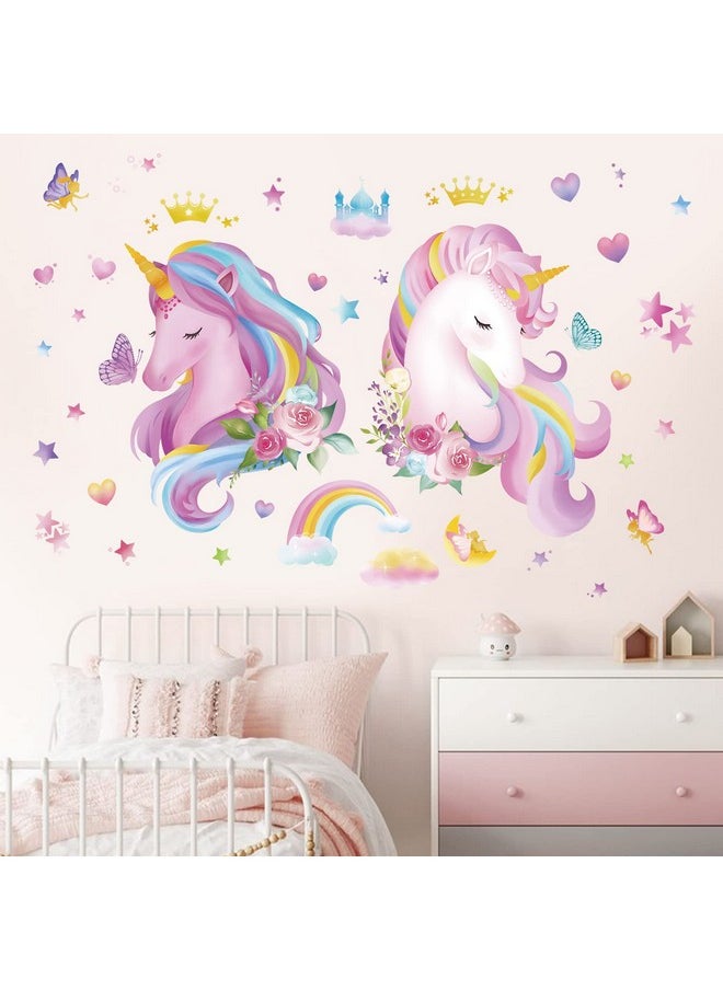 decalmile - 2 Large Size Unicorn Wall Decals Pink Rainbow Heart Wall Stickers Girls Bedroom Baby Nursery Kids Room Wall Decor Gifts For Kids - Image 1