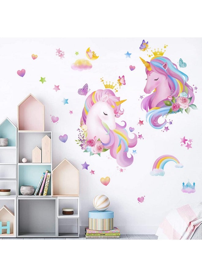 decalmile - 2 Large Size Unicorn Wall Decals Pink Rainbow Heart Wall Stickers Girls Bedroom Baby Nursery Kids Room Wall Decor Gifts For Kids - Image 1