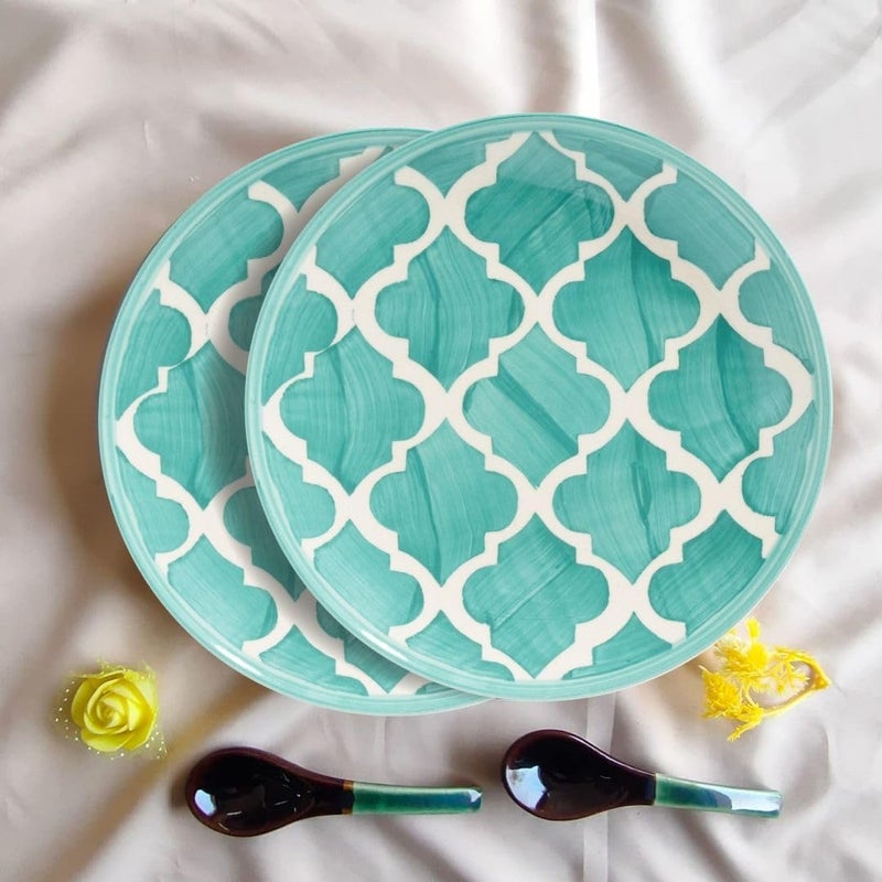 KitchEase Moroccan Print Green Ceramic Plates Set of 2, Microwave & Dishwasher Safe, Dinner Serving Plates for Dessert, Appetizer, Salad, Sandwich, Snacks, Fruits for Daily Use & Gifting.(8.07 INCH) - Image 2
