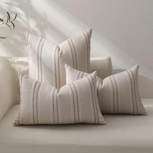 Hckot Fall Throw Pillow Covers 18x18 Set of 2 Striped Pillow Covers Textured Linen Decorative Pillows Square Cushion Covers for Sofa Couch Bed Living Room Farmhouse DecorCaramel - Image 3