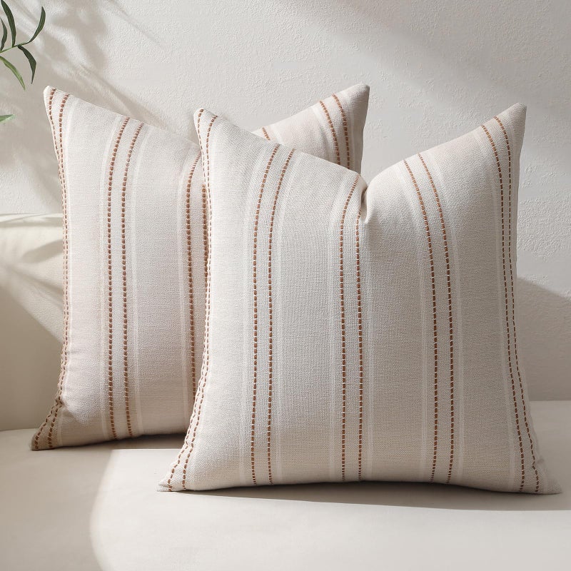 Hckot Fall Throw Pillow Covers 18x18 Set of 2 Striped Pillow Covers Textured Linen Decorative Pillows Square Cushion Covers for Sofa Couch Bed Living Room Farmhouse DecorCaramel - Image 2