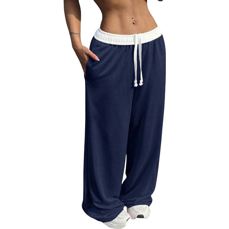 Cross-border color contrast drawstring womens wide-leg casual loose sports pants comfortable European and American personality street spring new women Dark blue 