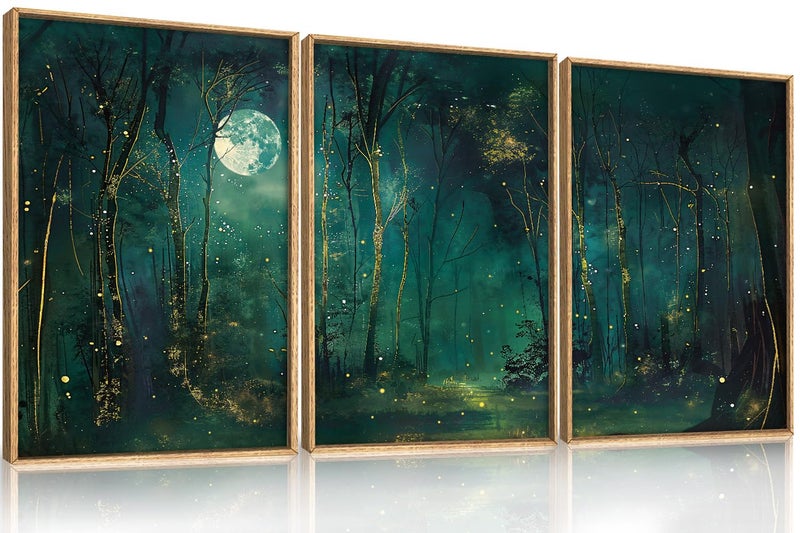 Aryroi Large Vintage Moon and Star Forest Framed Canvas Wall Art,Mystical Night Sky Scenery Wall Decor,Moody Tree Landscape Artwork,Magical Midnight Art Print for Living Room,Bedroom,Office- 16"x24"x3 - Image 1