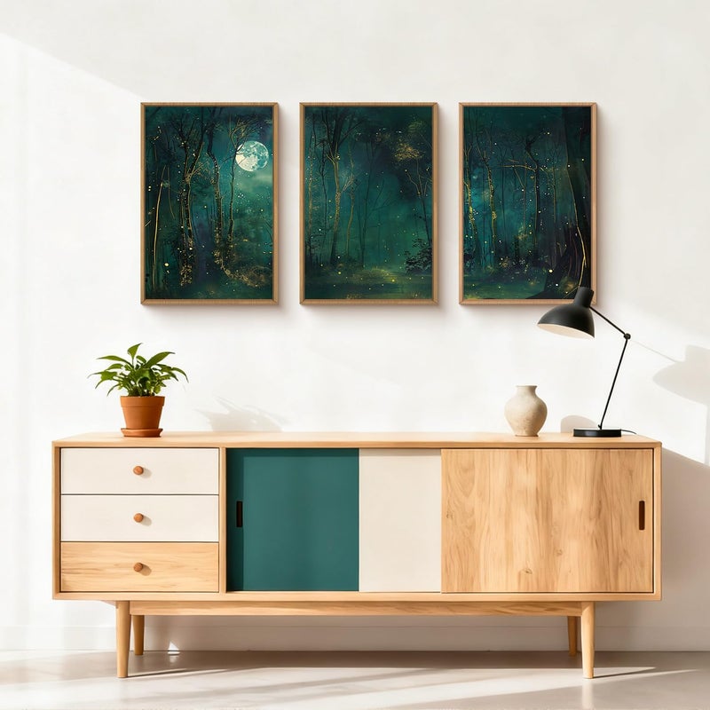 Aryroi Large Vintage Moon and Star Forest Framed Canvas Wall Art,Mystical Night Sky Scenery Wall Decor,Moody Tree Landscape Artwork,Magical Midnight Art Print for Living Room,Bedroom,Office- 16"x24"x3 - Image 3