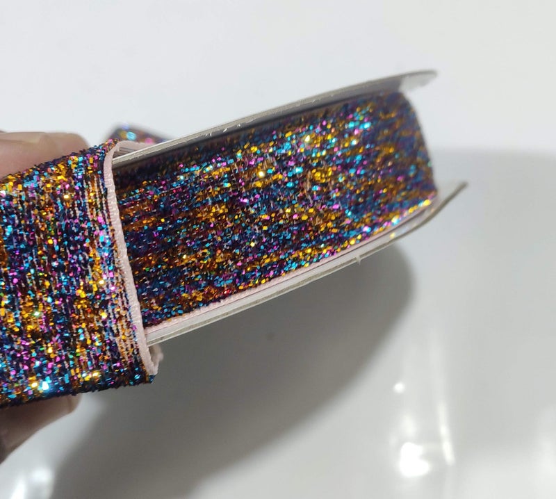 OMX Roll of Multicolor Sparkle Glitter Ribbon Patti (18 Meters) (Border) with 2.5cm Width, Saree Border, Party Decoration, Craftwork - Image 1