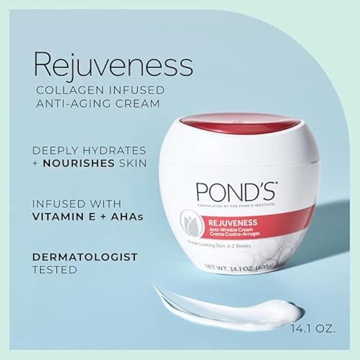 Pond's POND’S Rejuveness Face Cream – Anti-Aging Face Moisturizer with AHA’s, Vitamin E & Collagen – Daily Wrinkle Cream for Women – Hydrating Collagen Face Cream – Dermatologist Tested, 14.1 oz - Image 2
