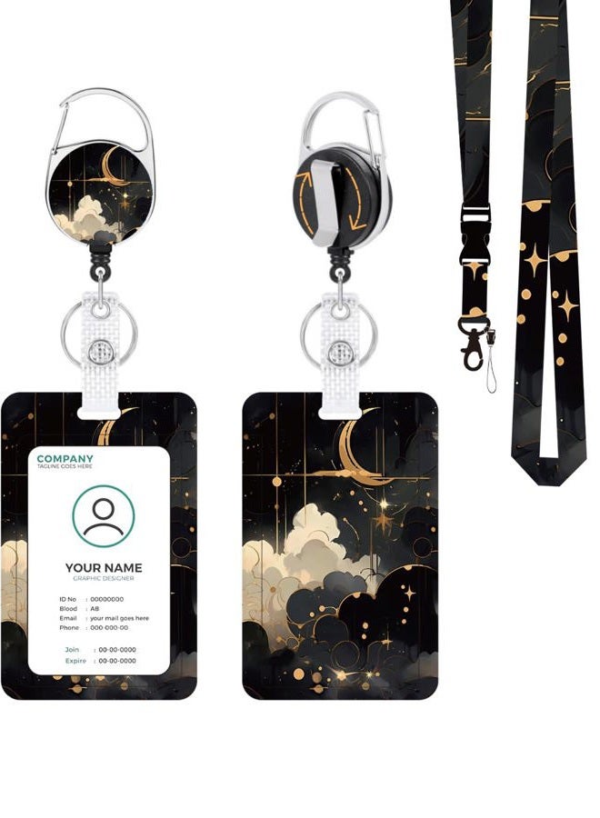 KWSAAHU ID Badge Holder with Lanyard, Detachable Lanyard and Retractable Badge Reel Clip, Vertical ID Protector Bage Clips for Man Woman Nurses Students Teachers Office Workers - Black Gold Celestial - Image 1