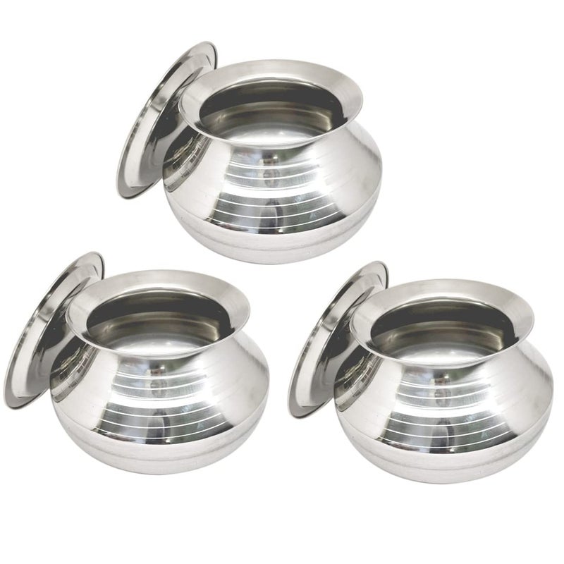Bartan Hub Small Stainless Steel Handi Set of 3 with Lid (Pongal Handi, 1000 ML) Handi 1 L with Lid (Stainless Steel) - Image 1