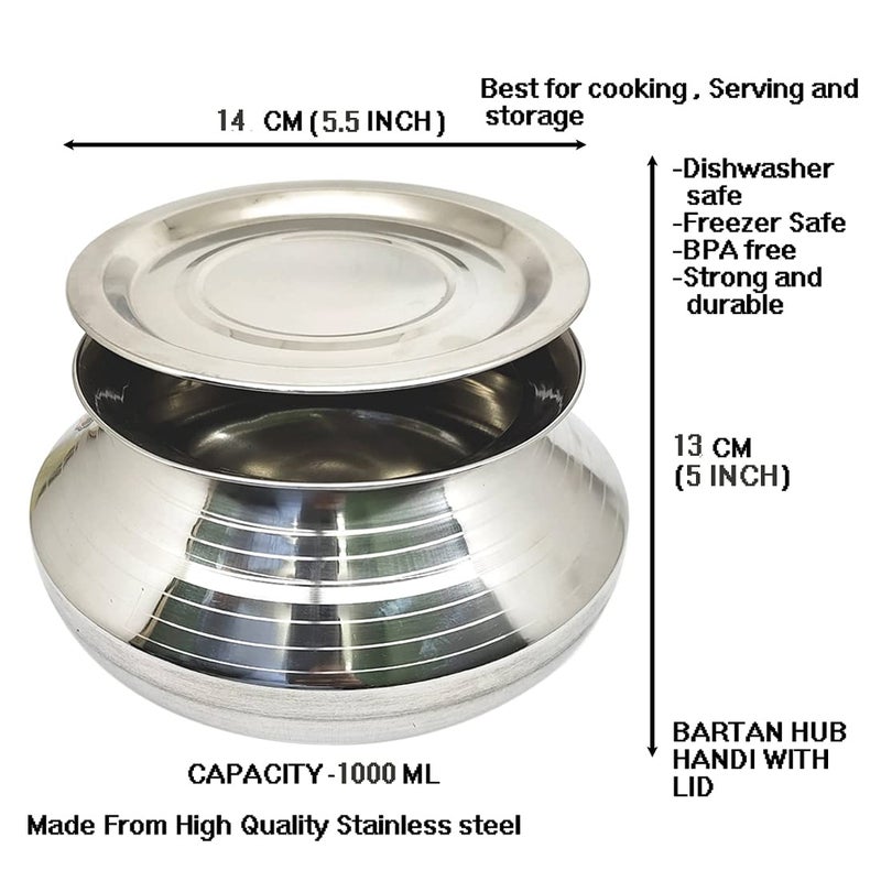 Bartan Hub Small Stainless Steel Handi Set of 3 with Lid (Pongal Handi, 1000 ML) Handi 1 L with Lid (Stainless Steel) - Image 2