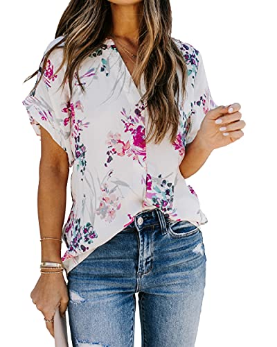 Allimy Womens Fashion 2025 Blouses Dressy Trendy Summer Short Sleeve Floral Tops Purple 2X - Image 1