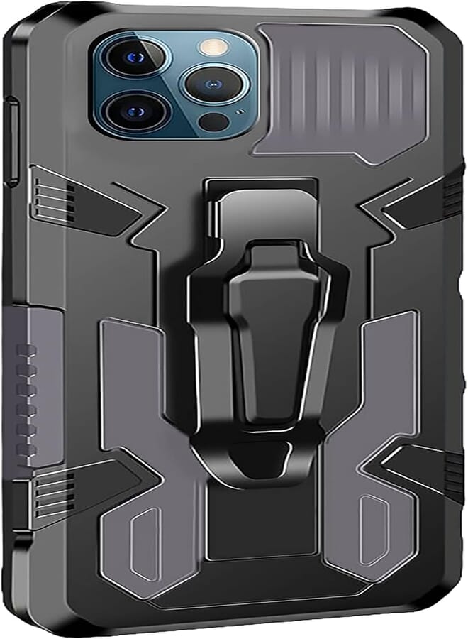 Back Cover Shockproof Stand Holder Belt Clip Holster Anti fall Heavy protection mech warrior Bring Bracket Compatible with iPhone 12-6.1 inches - Black X Grey 