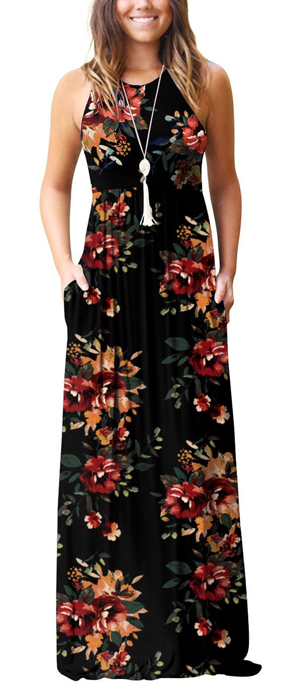GRECERELLE Womens Summer Sleeveless Casual Long Tank Maxi Dress with Pockets Flower Brown Black M