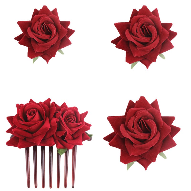 SUNTRADE 4 Pieces Women Rose Hairpin Bridal Rose Brooch Hair Clip Wedding Floral Clips for Woman Girl Party Wedding Red