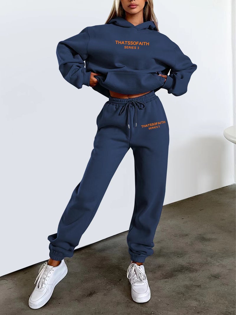 Women'S Letters Printed Hooded Sweat Fashion Casual Grab Pants Suit - Image 1