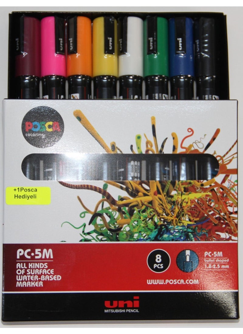 Uni-posca مجموعةMarkers للرسم على الماء Pc-5m ألوان أساسية 8 ألوان 1.8-2.5 مم  - Image 1