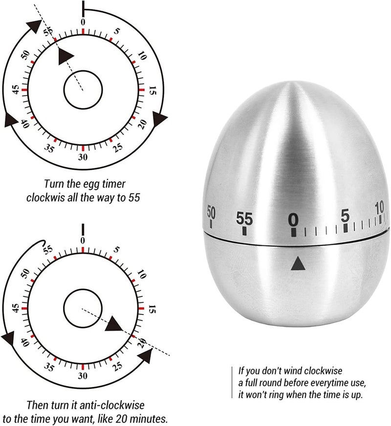CARTIFY Egg Shape Kitchen TimerStainless Steel Mechanical Egg Shape Timer Mechanical Egg Shape Kitchen Timer Stainless Steel Machinery Count Down Reminder Alarm Clock with 60 Minutes for Cooking - Image 3