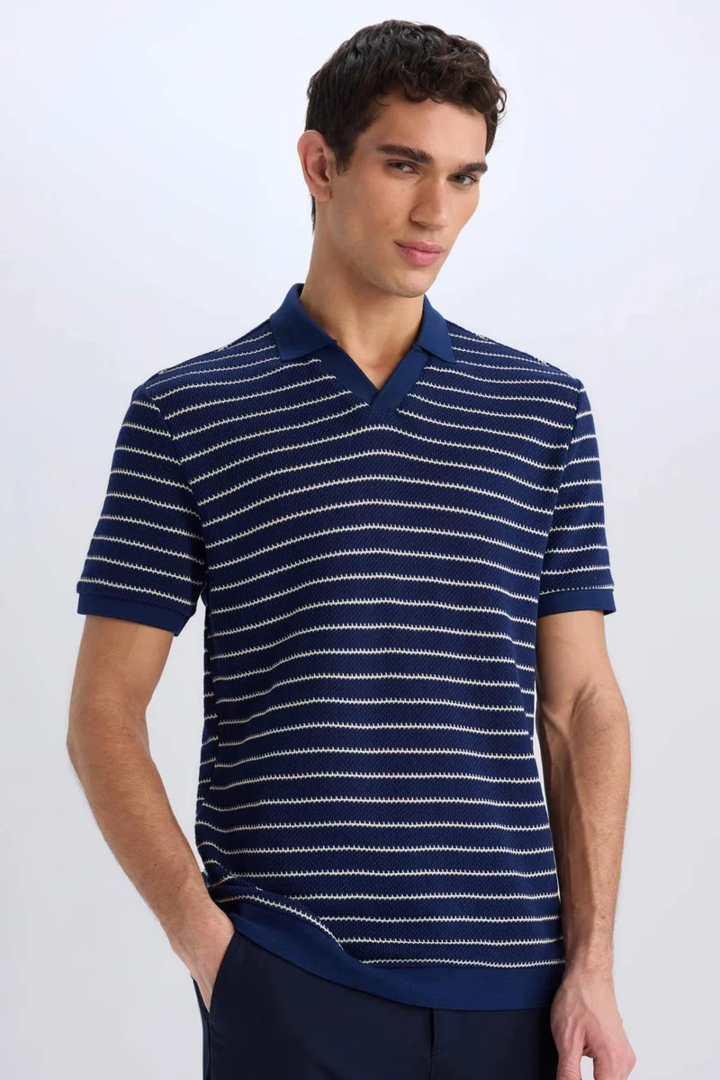 ديفاكتو Regular Fit Striped Knitted Polo T-Shirt