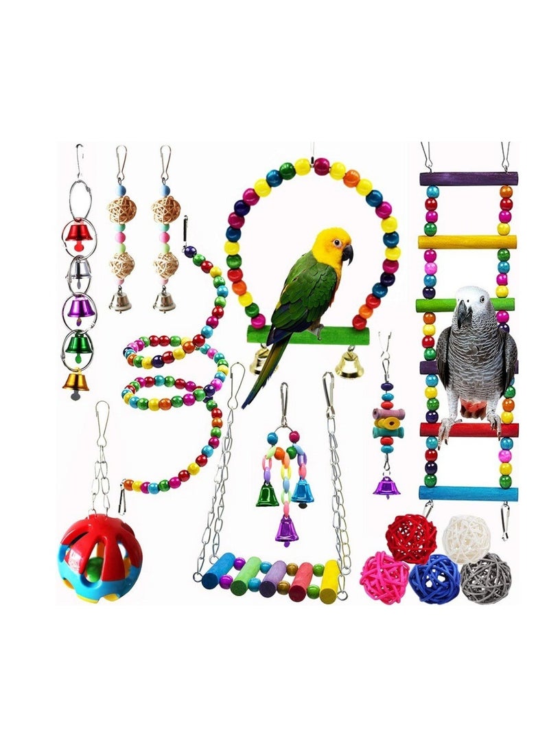 general 11-piece set of parrot toys, colorful ladder swing vine ball gnawing string bell ball, parrot bird cage gnawing toy - Image 3