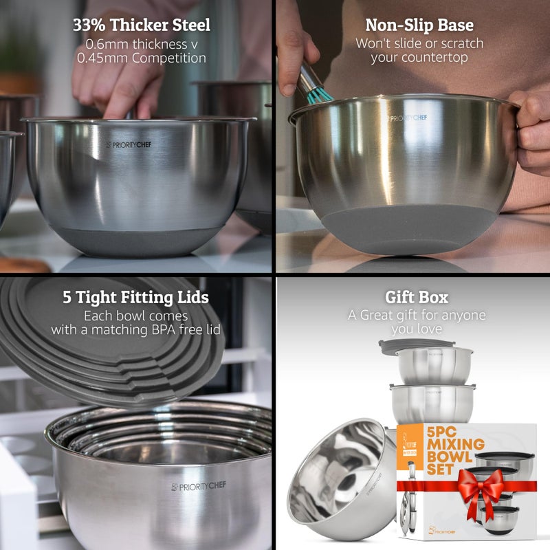 Priority Chef Premium Mixing Bowls With Airtight Lids Set, Thicker Stainless Steel Mixing Bowl Set, Large Prep Metal Bowls with Lids, Nesting Bowls for Kitchen, 1.5/2/3/4/5 Qrt, Grey - Image 2