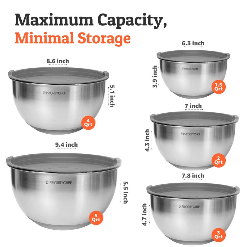 Priority Chef Premium Mixing Bowls With Airtight Lids Set, Thicker Stainless Steel Mixing Bowl Set, Large Prep Metal Bowls with Lids, Nesting Bowls for Kitchen, 1.5/2/3/4/5 Qrt, Grey - Image 3
