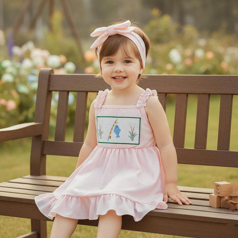 Amnnchya Toddler Baby Girl Dress Fish Sleeveless Stripes Ruffle Dresses Little Girls Summer Clothes Cute Kids Fishing Outfit (Pink, 3-4 Years) - Image 2