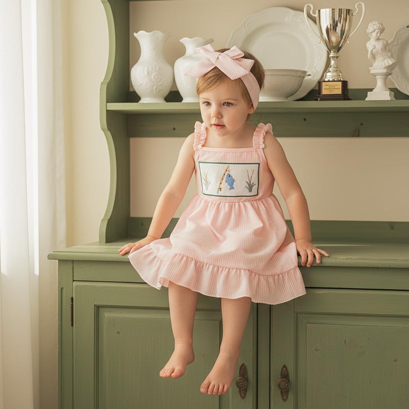 Amnnchya Toddler Baby Girl Dress Fish Sleeveless Stripes Ruffle Dresses Little Girls Summer Clothes Cute Kids Fishing Outfit (Pink, 3-4 Years) - Image 4