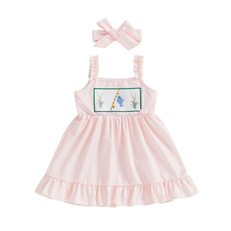 Amnnchya Toddler Baby Girl Dress Fish Sleeveless Stripes Ruffle Dresses Little Girls Summer Clothes Cute Kids Fishing Outfit (Pink, 3-4 Years) - Image 1