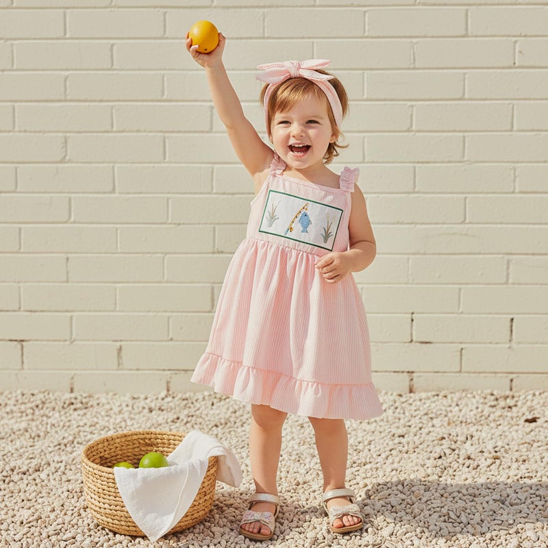 Amnnchya Toddler Baby Girl Dress Fish Sleeveless Stripes Ruffle Dresses Little Girls Summer Clothes Cute Kids Fishing Outfit (Pink, 3-4 Years) - Image 3