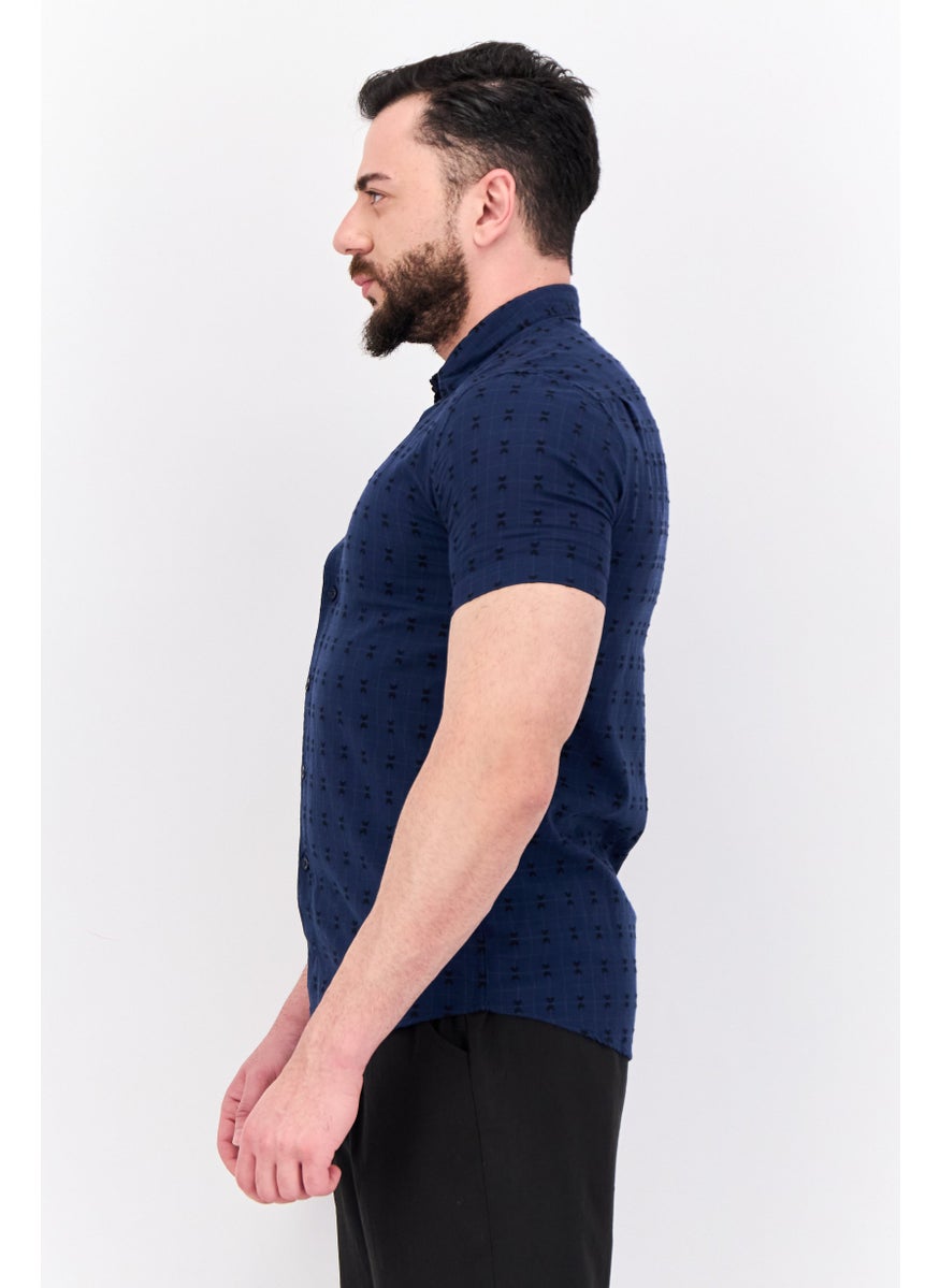 Peter Werth - Men Regular Fit Textured Short Sleeves Casual Shirt, Dark Navy - Image 1