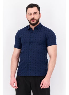 Men Regular Fit Textured Short Sleeves Casual Shirt, Dark Navy
