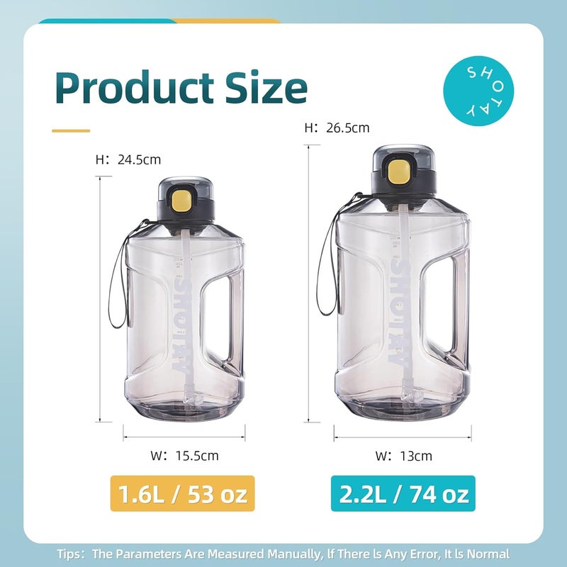 SHOTAY Sports Water Bottles 1L/1.5L/2L With USA Tritan Material 100% BPA Free And Leakproof, Half Gallon One Click Open Water Jug for School, Fitness And Outdoor Sports. - Image 2
