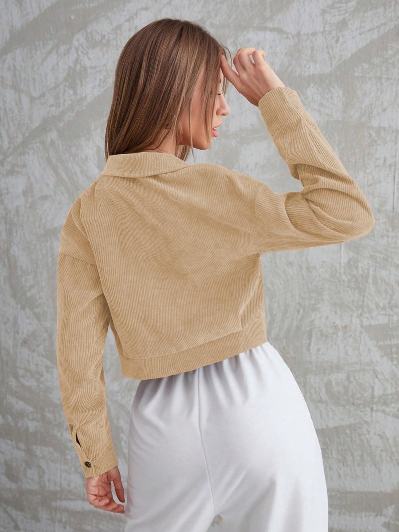 SMOWKLY Women’s Cotton Blend Cropped Jacket with Two Pockets| Casual Button Down Shirt | Stylish Lightweight Outerwear for Women’s | Long Sleeve Jacket for Regular Wear(1684-CRM-S/1684-BRN-S) - Image 4