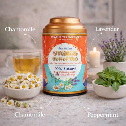 SAN-CHA Sancha Tea Boutique Stress Relief Tea | 25 Pyramid Bags | Caffeine Free Herbal Tisane with Chamomile, Lavender & Mint | Relaxing & Calming Blend - Image 2
