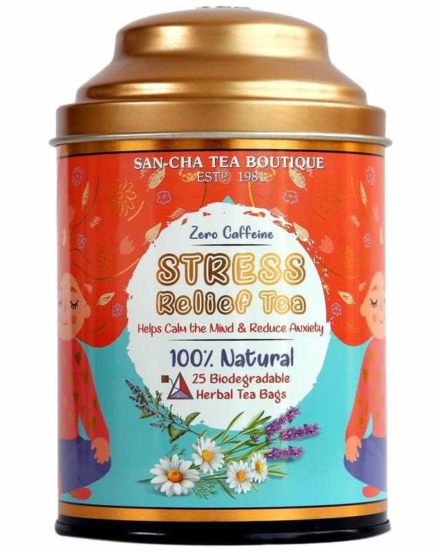 SAN-CHA Sancha Tea Boutique Stress Relief Tea | 25 Pyramid Bags | Caffeine Free Herbal Tisane with Chamomile, Lavender & Mint | Relaxing & Calming Blend - Image 1