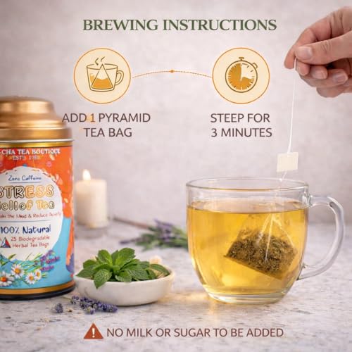 SAN-CHA Sancha Tea Boutique Stress Relief Tea | 25 Pyramid Bags | Caffeine Free Herbal Tisane with Chamomile, Lavender & Mint | Relaxing & Calming Blend - Image 4