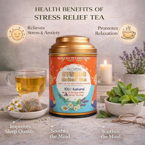 SAN-CHA Sancha Tea Boutique Stress Relief Tea | 25 Pyramid Bags | Caffeine Free Herbal Tisane with Chamomile, Lavender & Mint | Relaxing & Calming Blend - Image 3