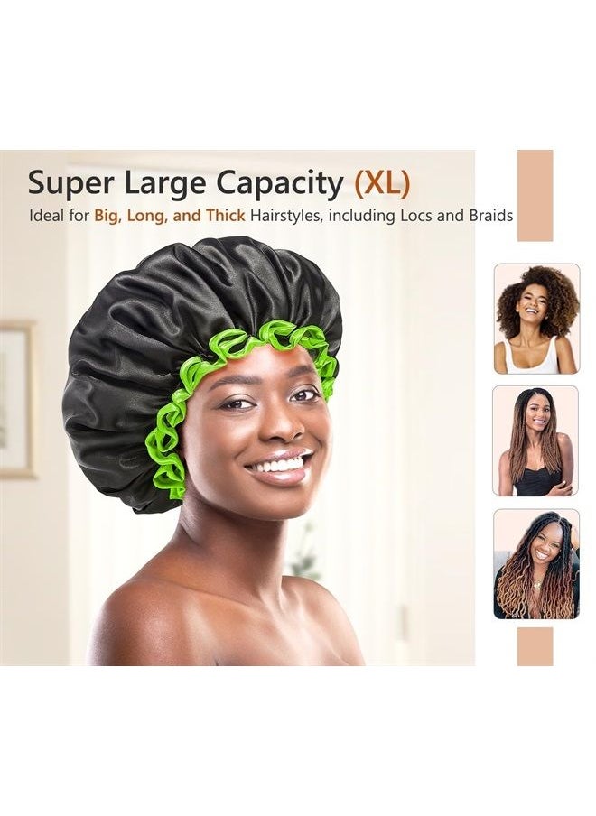 mikimini Extra Large Black Shower Cap for Women and Men Thick Long Hair Braids, Reusable Waterproof Double Layers XL Bathing Hair Caps with Vibrant Green Edge (Black)  - Image 2